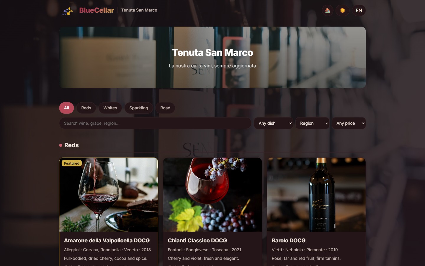 BlueCellar wine list on desktop